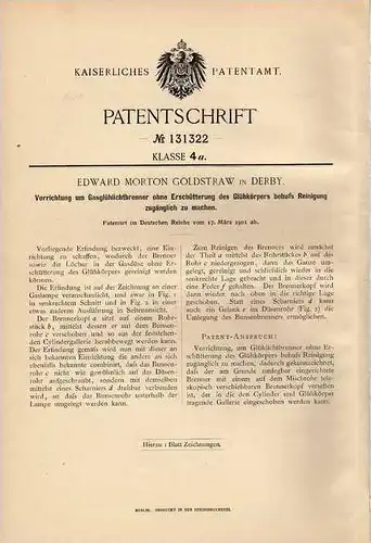 Original Patentschrift - E. Goldstraw in Derby ,1901, Gaslampe , Glühlichtbrenner !!!