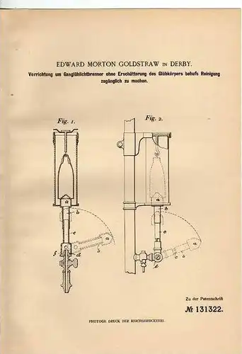 Original Patentschrift - E. Goldstraw in Derby ,1901, Gaslampe , Glühlichtbrenner !!!