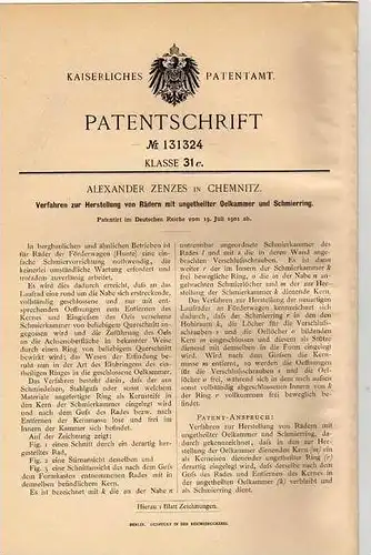 Original Patentschrift - A. Zenzes in Chemnitz ,1901, Herstellung von Rädern !!!