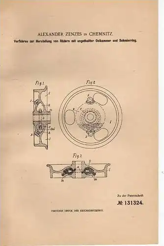 Original Patentschrift - A. Zenzes in Chemnitz ,1901, Herstellung von Rädern !!!