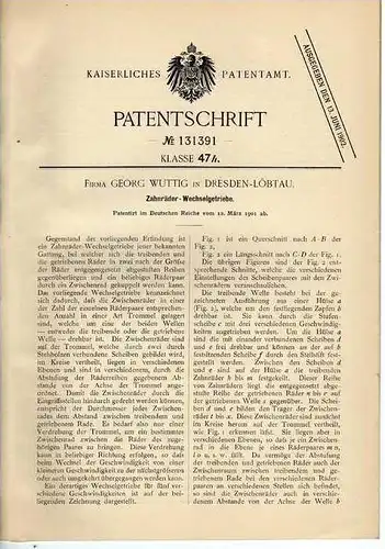 Original Patentschrift - G. Wuttig in Dresden - Löbtau , 1901, Wechselgetriebe , Getriebe , Automobile !!!