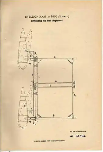 Original Patentschrift - Th. Haas in Brig , Schweiz , Luftfahrzeug , 1901 , Flugzeug !!!