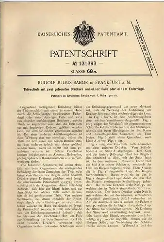 Original Patentschrift - R. Sabor in Frankfurt a. Main ,1901 , Türschloß , Schlüsseldienst , Schreiner !!!