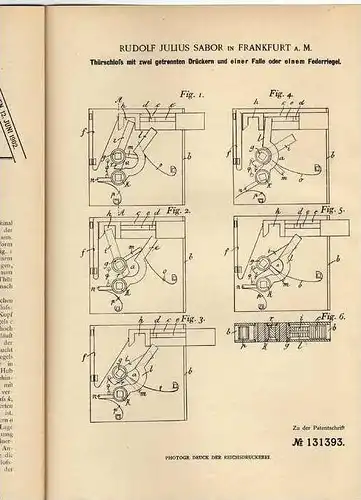 Original Patentschrift - R. Sabor in Frankfurt a. Main ,1901 , Türschloß , Schlüsseldienst , Schreiner !!!