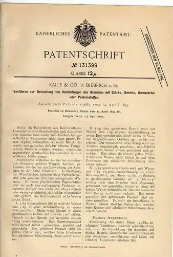 Original Patentschrift - Kalle & Co in Biebrich a. Rhein ,1899 ,  Verbindungen mit Gummi und Stärke , Chemie !!!