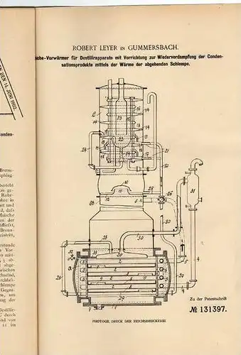 Original Patentschrift - R. Leyer in Gummersbach ,1901, Maische Apparat , Destilierer , Brauen , Brauerei !!!