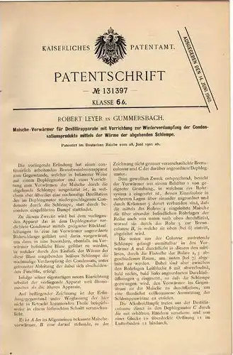 Original Patentschrift - R. Leyer in Gummersbach ,1901, Maische Apparat , Destilierer , Brauen , Brauerei !!!