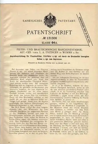 Original Patentschrift - Brautechnische Masch.fabrik AG in Worms a. Rh., 1901 , Flaschenfüller , Brauerei !!!