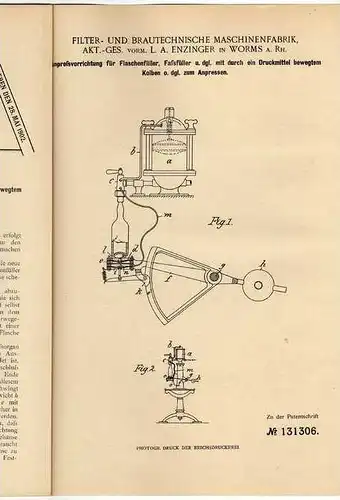 Original Patentschrift - Brautechnische Masch.fabrik AG in Worms a. Rh., 1901 , Flaschenfüller , Brauerei !!!