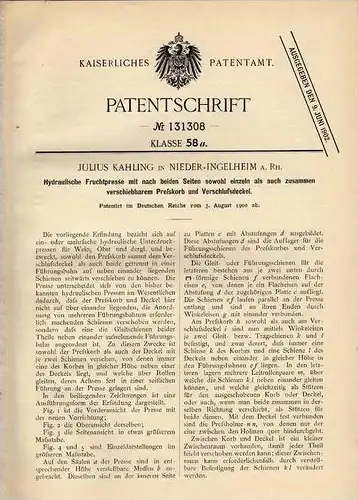 Original Patentschrift - J. Kahling in Nieder- Ingelheim a. Rhein ,1900, Fruchtpresse , Obstbau , Presse !!!