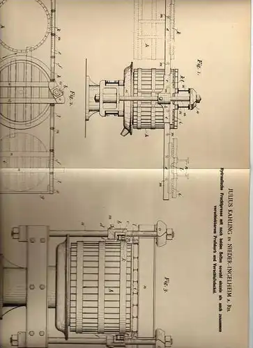 Original Patentschrift - J. Kahling in Nieder- Ingelheim a. Rhein ,1900, Fruchtpresse , Obstbau , Presse !!!