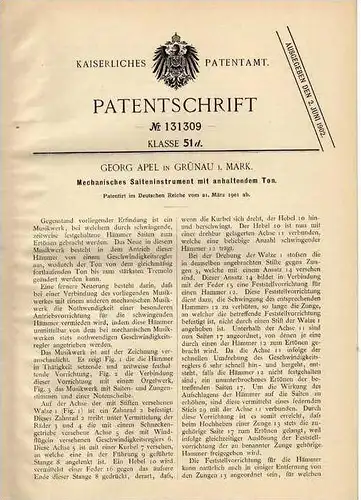 Original Patentschrift - G. Apel in Grünau i. Mark , 1901, Saiteninstrument , Musikinstrument , !!!