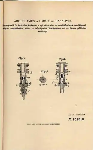Original Patentschrift - A. Davids in Limmer b. Hannover ,1899 ,  Luftreifen , Ventil , Pneu !!!