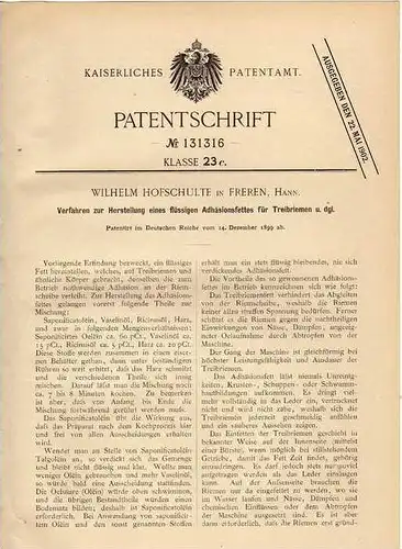 Original Patentschrift -  W. Hofschulte in Freren , 1899 , Fett für Treibriemen , Lingen !!!