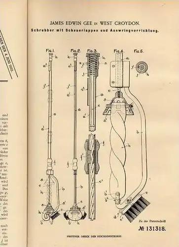 Original Patentschrift - J.E. Gee in London ,1901, Schrubber mit Auswringvorrichtung , Reinigung  !!!