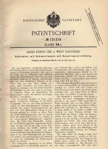 Original Patentschrift - J.E. Gee in London ,1901, Schrubber mit Auswringvorrichtung , Reinigung  !!!