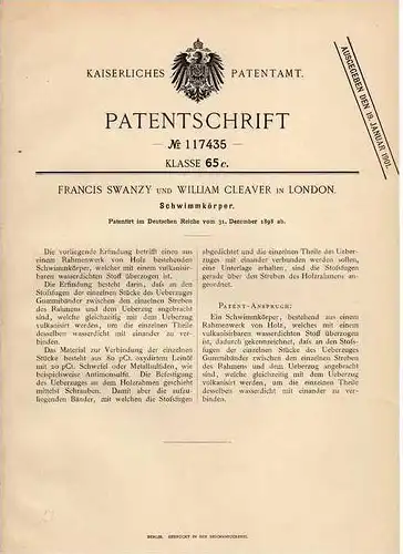 Original Patentschrift - W. Cleaver in London ,1901, Schwimmkörper , Boot !!!