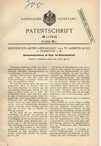 Original Patentschrift - Elektrizitäts AG in Frankfurt a. Main , 1900 ,  Hochspannung - Sicherung , Elektrik