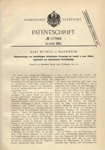 Original Patentschrift - K. Müssig in Mannheim , Bahnhof , 1900 , Eisenbahn Stationsanzeiger !!!