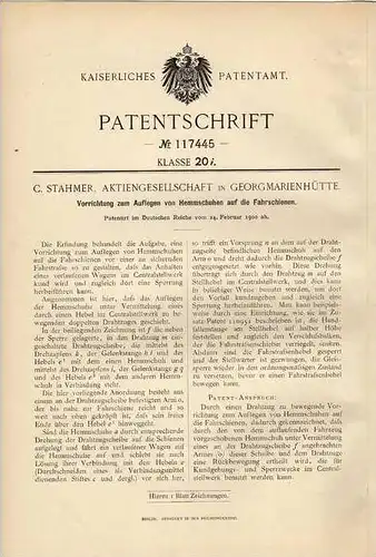 Original Patentschrift - C. Stahmer AG in Georgmarienhütte , 1900 , Hemmschuhe für Schienen , Eisenbahn !!!