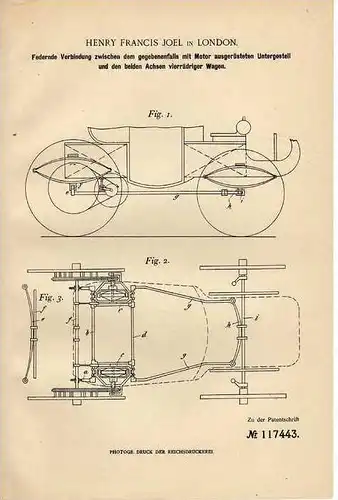 Original Patentschrift - H.F. Joel in London , 1899 , Federung für Motorwagen !!!