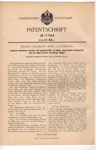 Original Patentschrift - H.F. Joel in London , 1899 , Federung für Motorwagen !!!