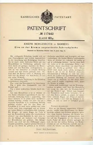 Original Patentschrift - J. Morgenroth in Bamberg , 1899 , Fahrrad , Glocke , Klingel !!!