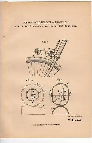 Original Patentschrift - J. Morgenroth in Bamberg , 1899 , Fahrrad , Glocke , Klingel !!!