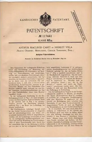 Original Patentschrift -  A. Carey in Yorkshire , 1899 , Laterne für Fahrrad , Acetylen , bicycle , lamp !!!