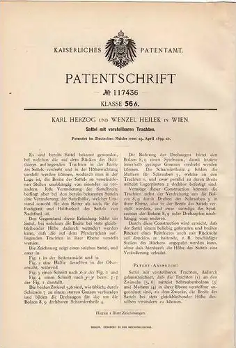 Original Patentschrift -  K.Herzog in Wien , 1899 , Sattel mit Trachten , Pferde , Pferd !!!
