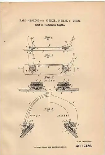 Original Patentschrift -  K.Herzog in Wien , 1899 , Sattel mit Trachten , Pferde , Pferd !!!