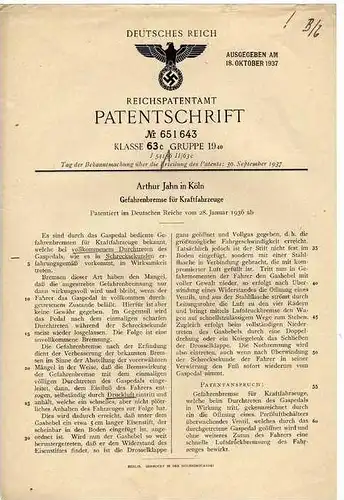 Original Patentschrift - Arthur Jahn in Köln ,1936 , Gefahrenbremse für KFZ , Bremse , Automobile !!!