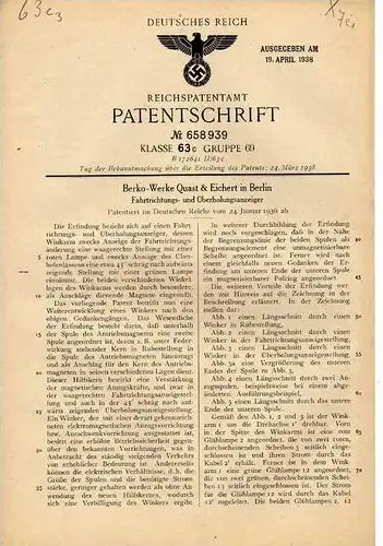 Original Patentschrift - Berko Werke Quast & Eichert in Berlin , 1936, Winker , Fahrtrichtungsanzeiger !!!