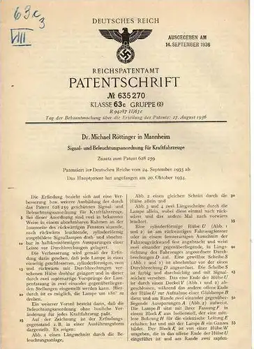 Original Patentschrift - Dr. Michael Röttinger in Mannheim ,1935, Signal- und Beleuchtungseinrichtung für KFZ !!!