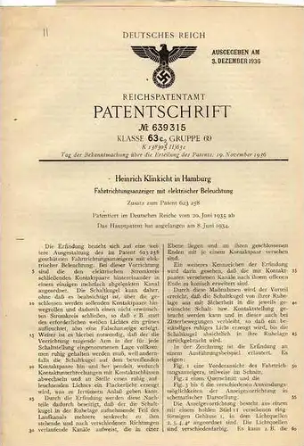 Original Patentschrift - H. Klinkicht in Hamburg , Winker , Fahrtrichtungsanzeiger beleuchtet , 1935 !!!