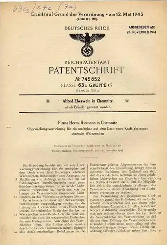 Original Patentschrift - Firma Herm. Riemann in Chemnitz ,1941 ,  Überwachungsvorrichtung für KFZ !!!
