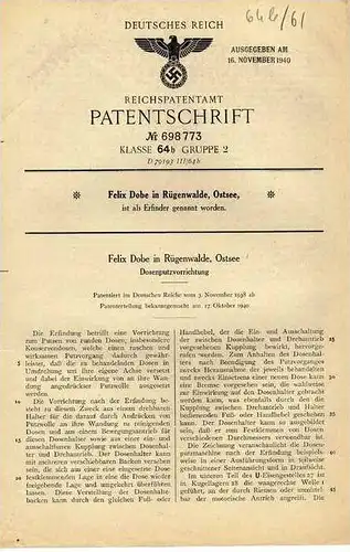 Original Patentschrift - Felix Dobe in Rügenwalde / Darłowo , 1938, Dosen - Putzapparat !!!
