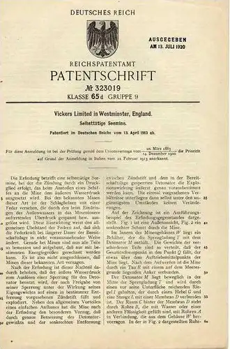 Original Patentschrift - Vickers Limited in Westminster , England , Seemine , 1913 !!!