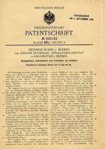 Original Patentschrift - Budde und Dunkhase in Kirchweyhe und Bremen ,1916 , Sprengkörper für Schiffe !!!