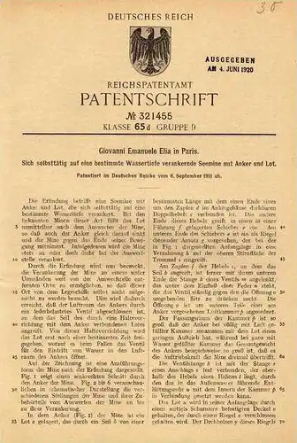 Original Patentschrift - G.E. Elia in Paris , 1911 , verankernde Seemine , Mine !!!