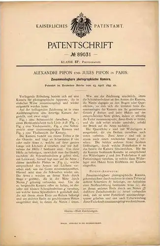 Original Patentschrift -  A. und J. Pipon dans Paris , 1895, photographische Kamera , Camera , Photographie !!!