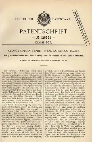 Original Patentschrift -  G.Gregory Smith in San Domenico , 1899 ,  Acetylenentwickler !!!