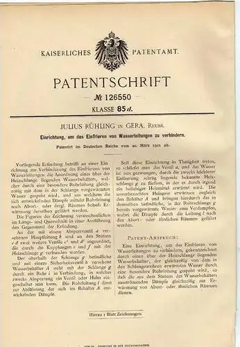 Original Patentschrift - Julius Rühling in Gera , 1901 , Defroster , Heizung , Heizungsbau !!!