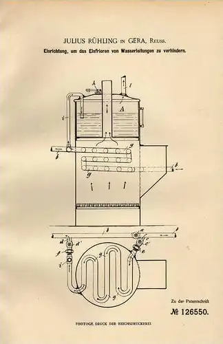 Original Patentschrift - Julius Rühling in Gera , 1901 , Defroster , Heizung , Heizungsbau !!!