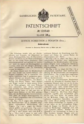 Original Patentschrift - L. Robertson in Penarth , 1901 , Kleiderschrank !!!