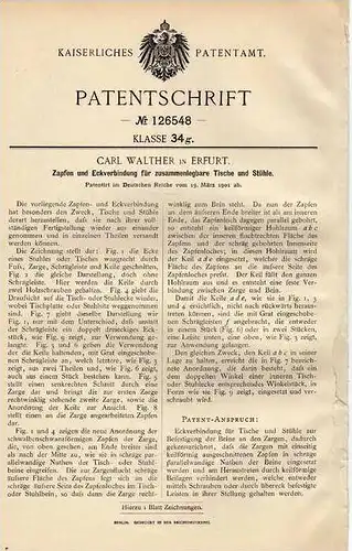 Original Patentschrift - Carl Walther in Erfurt , 1901 , zusammenlegbare Tische und Stühle , Möbel !!!