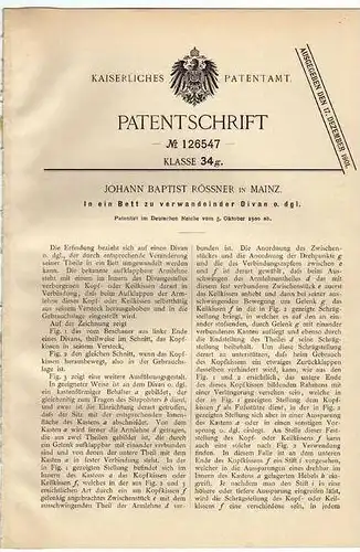 Original Patentschrift - J. Baptist Rössner in Mainz , 1900, Verwandelbares Bett !!!