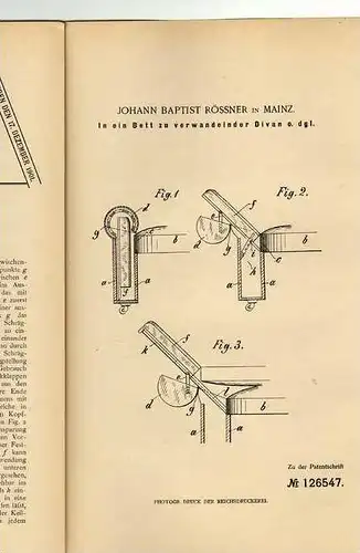 Original Patentschrift - J. Baptist Rössner in Mainz , 1900, Verwandelbares Bett !!!