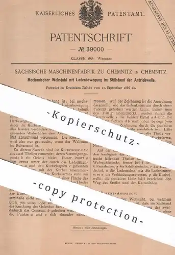 original Patent: Sächsische Maschinenfabrik zu Chemnitz , Chemnitz | 1886 | Mechanischer Webstuhl | Weben , Weberei !!