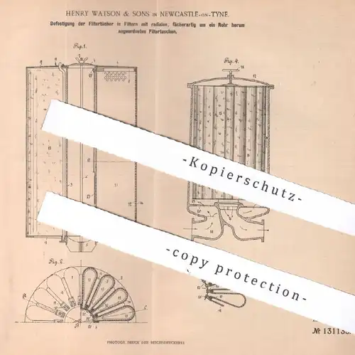 original Patent: Henry Watson & Sons , Newcastle on Tyne , 1901 , Filtertuch im Filter | Filtern , Filtrieren